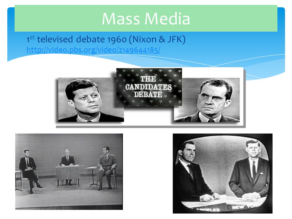  1 st televised debate 1960 (Nixon & JFK)     Mass Media