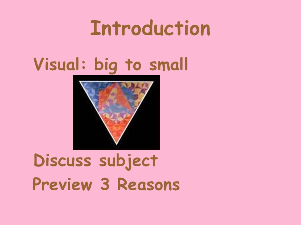 Introduction Visual: big to small Discuss subject Preview 3 Reasons