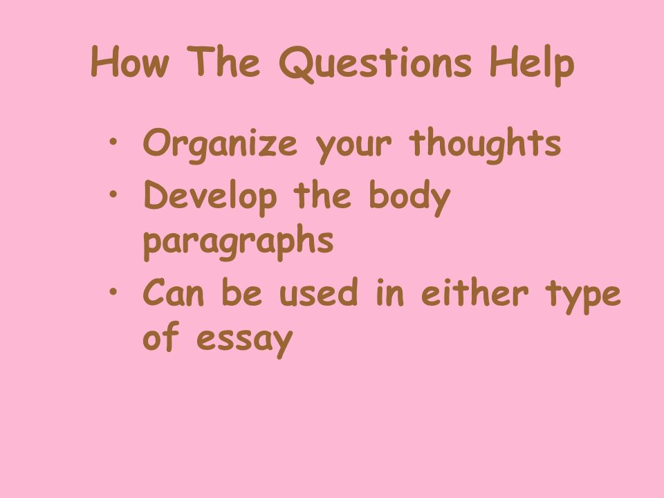 How The Questions Help Organize your thoughts Develop the body paragraphs Can be used in either type of essay