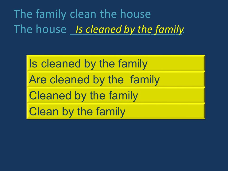 The family clean the house The house __________________. Is cleaned by the family