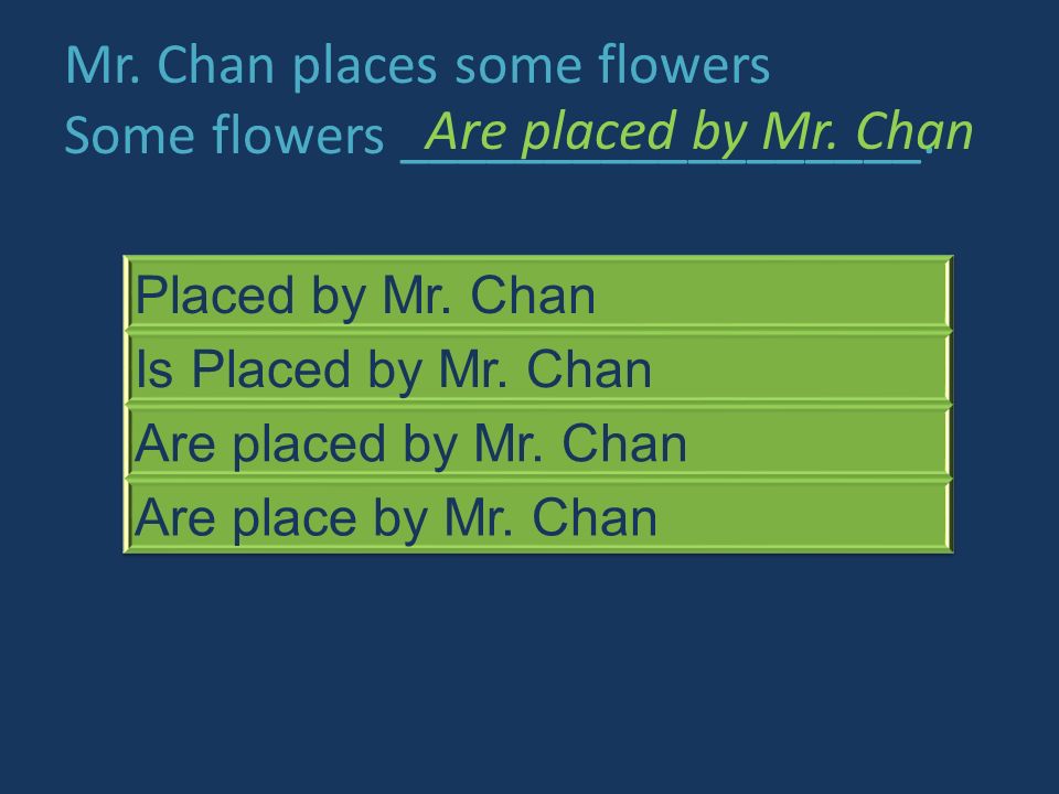 Mr. Chan places some flowers Some flowers __________________. Are placed by Mr. Chan