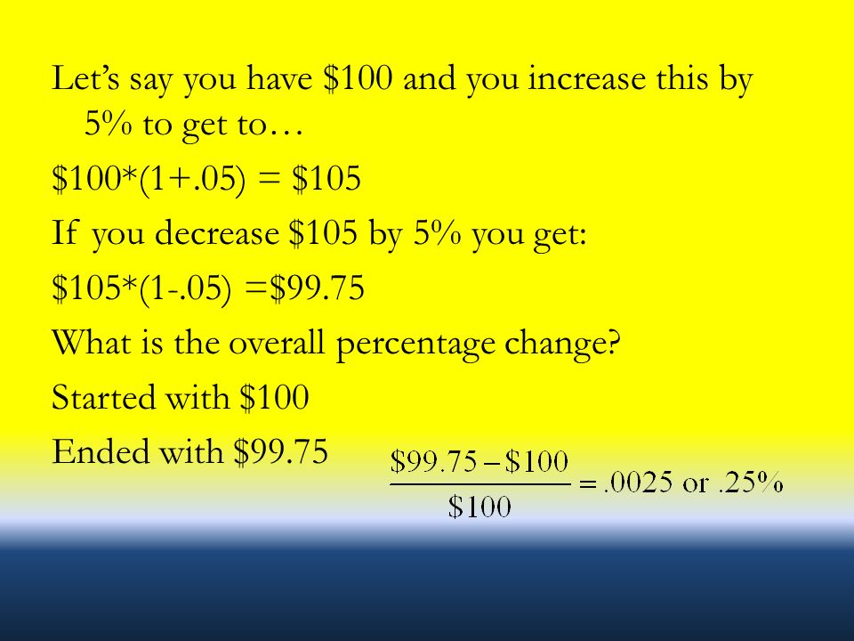 Let’s say you have $100 and you increase this by 5% to get to… $100*(1+.05) = $105 If you decrease $105 by 5% you get: $105*(1-.05) =$99.75 What is the overall percentage change.