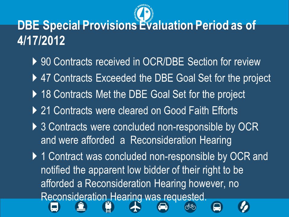  90 Contracts received in OCR/DBE Section for review  47 Contracts Exceeded the DBE Goal Set for the project  18 Contracts Met the DBE Goal Set for the project  21 Contracts were cleared on Good Faith Efforts  3 Contracts were concluded non-responsible by OCR and were afforded a Reconsideration Hearing  1 Contract was concluded non-responsible by OCR and notified the apparent low bidder of their right to be afforded a Reconsideration Hearing however, no Reconsideration Hearing was requested.