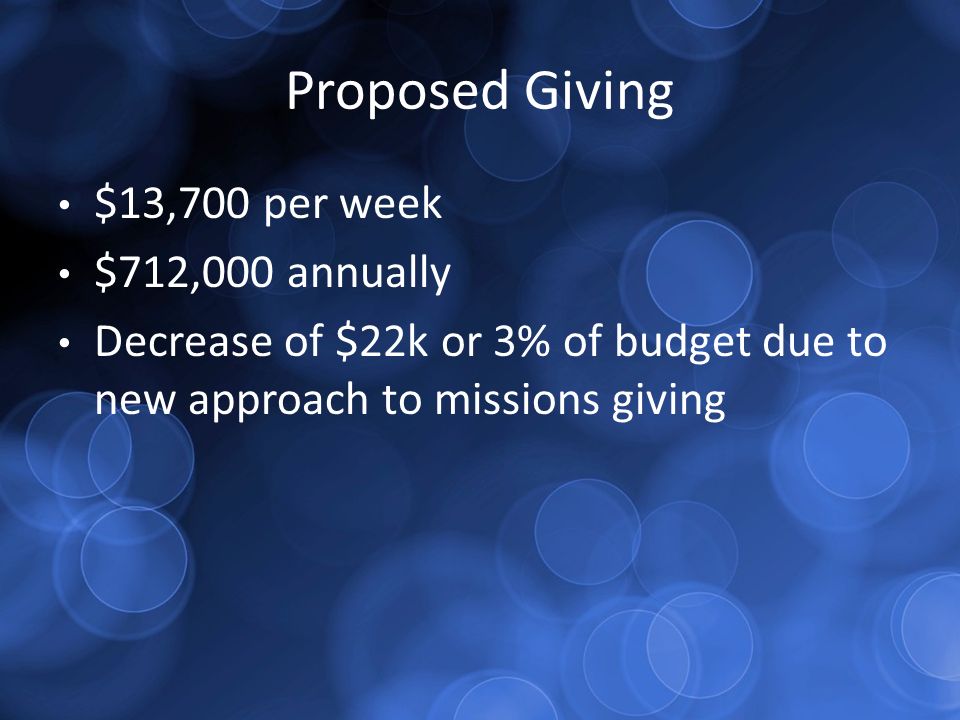 Proposed Giving $13,700 per week $712,000 annually Decrease of $22k or 3% of budget due to new approach to missions giving