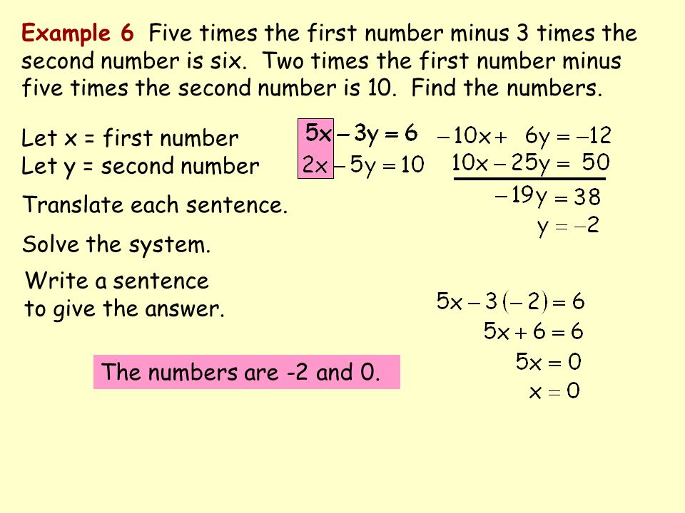 Example 6 Five times the first number minus 3 times the second number is six.