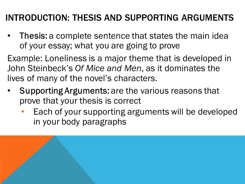 INTRODUCTION: THESIS AND SUPPORTING ARGUMENTS Thesis: a complete sentence that states the main idea of your essay; what you are going to prove Example: Loneliness is a major theme that is developed in John Steinbeck’s Of Mice and Men, as it dominates the lives of many of the novel’s characters.