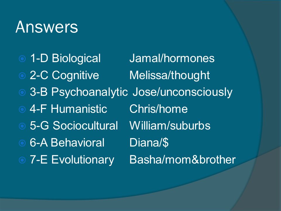 Answers  1-D BiologicalJamal/hormones  2-C CognitiveMelissa/thought  3-B Psychoanalytic Jose/unconsciously  4-F HumanisticChris/home  5-G SocioculturalWilliam/suburbs  6-A BehavioralDiana/$  7-E EvolutionaryBasha/mom&brother