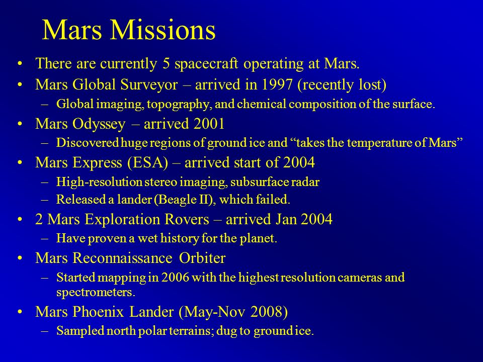 Mars Missions There are currently 5 spacecraft operating at Mars.