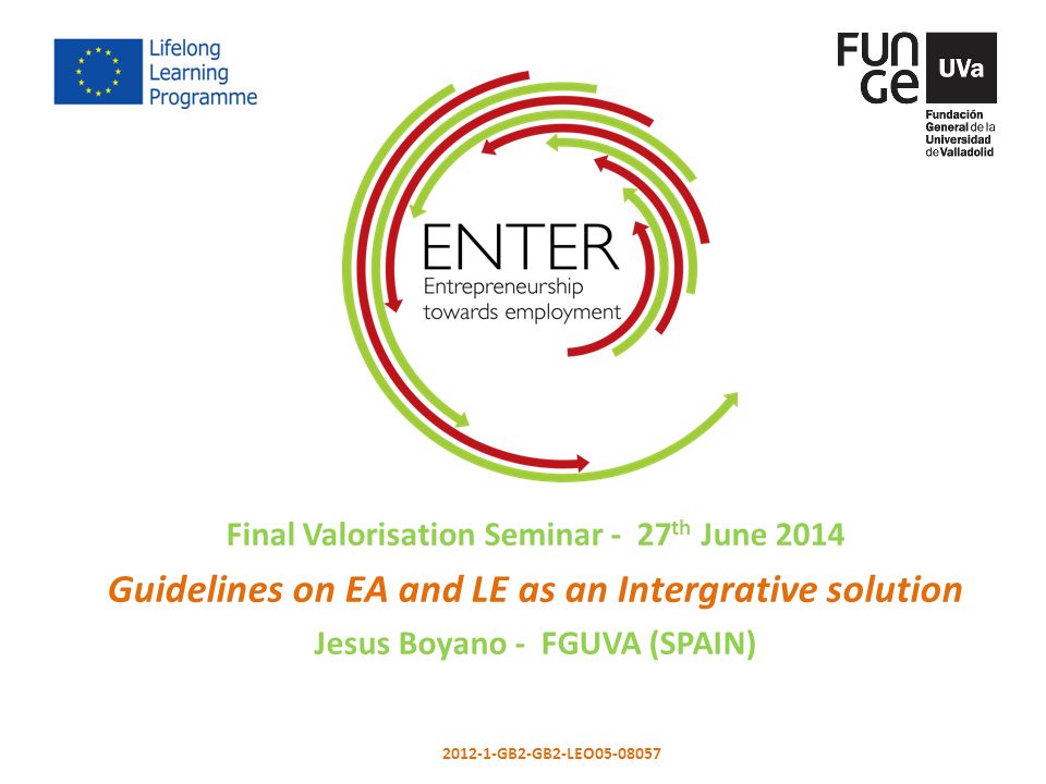 Final Valorisation Seminar - 27 th June 2014 Guidelines on EA and LE as an Intergrative solution Jesus Boyano - FGUVA (SPAIN) GB2-GB2-LEO This project has been funded with the support of the European Commission.