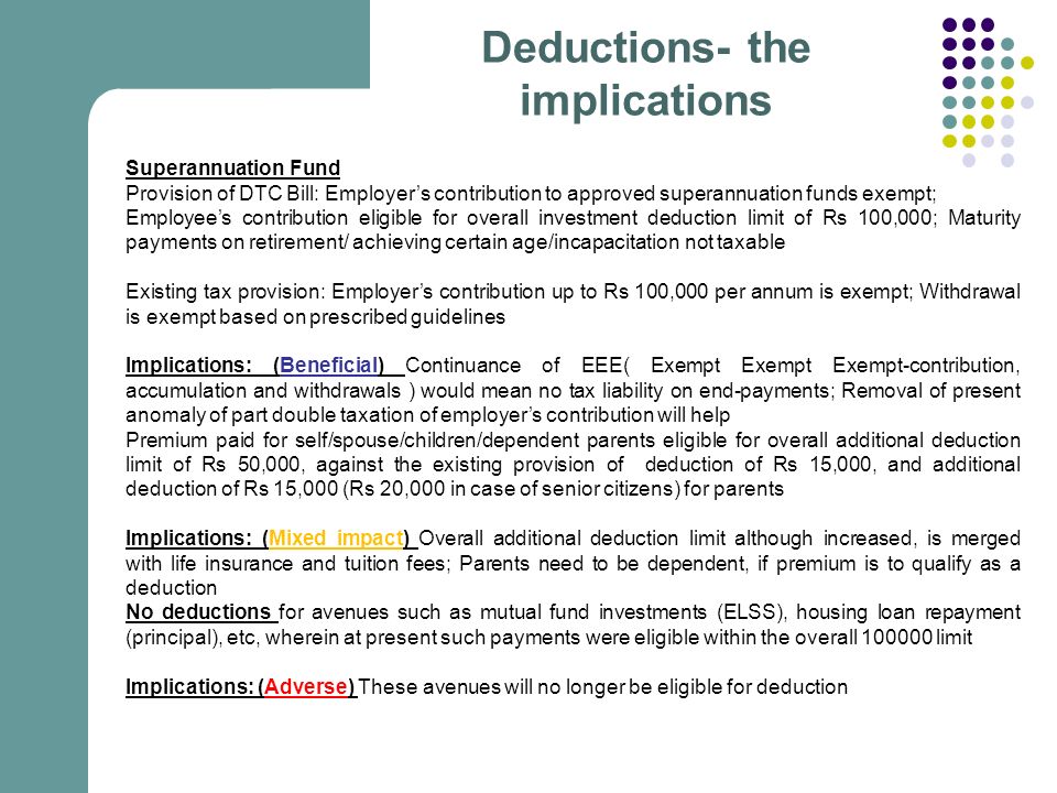Deductions- the implications Superannuation Fund Provision of DTC Bill: Employer’s contribution to approved superannuation funds exempt; Employee’s contribution eligible for overall investment deduction limit of Rs 100,000; Maturity payments on retirement/ achieving certain age/incapacitation not taxable Existing tax provision: Employer’s contribution up to Rs 100,000 per annum is exempt; Withdrawal is exempt based on prescribed guidelines Implications: (Beneficial) Continuance of EEE( Exempt Exempt Exempt-contribution, accumulation and withdrawals ) would mean no tax liability on end-payments; Removal of present anomaly of part double taxation of employer’s contribution will help Premium paid for self/spouse/children/dependent parents eligible for overall additional deduction limit of Rs 50,000, against the existing provision of deduction of Rs 15,000, and additional deduction of Rs 15,000 (Rs 20,000 in case of senior citizens) for parents Implications: (Mixed impact) Overall additional deduction limit although increased, is merged with life insurance and tuition fees; Parents need to be dependent, if premium is to qualify as a deduction No deductions for avenues such as mutual fund investments (ELSS), housing loan repayment (principal), etc, wherein at present such payments were eligible within the overall limit Implications: (Adverse) These avenues will no longer be eligible for deduction