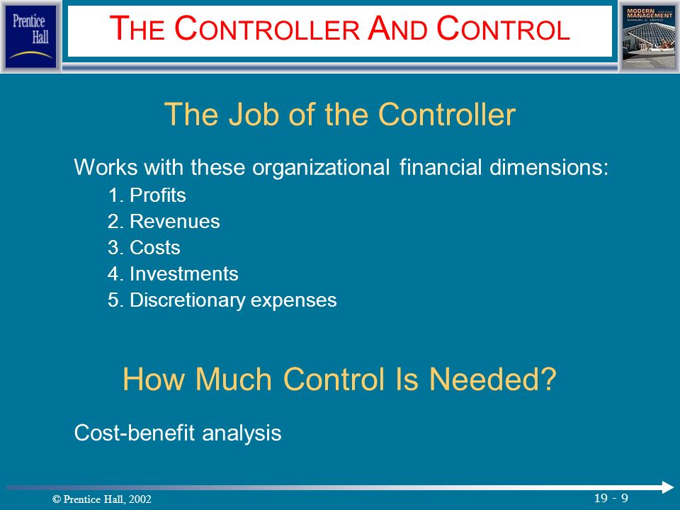 © Prentice Hall, T HE C ONTROLLER A ND C ONTROL The Job of the Controller Works with these organizational financial dimensions: 1.