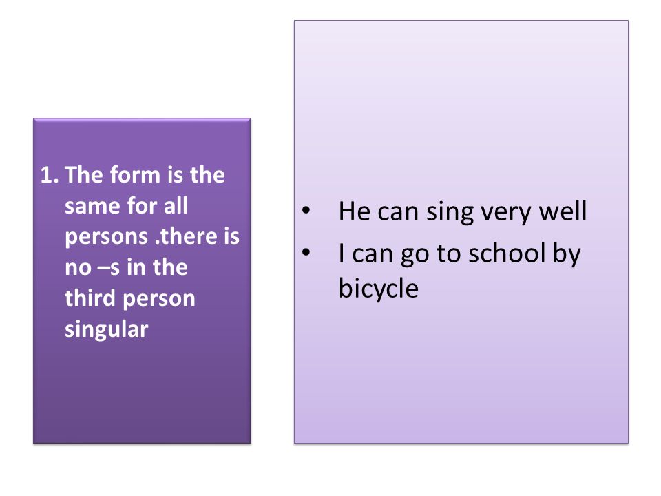 He can sing very well I can go to school by bicycle He can sing very well I can go to school by bicycle 1.The form is the same for all persons.there is no –s in the third person singular