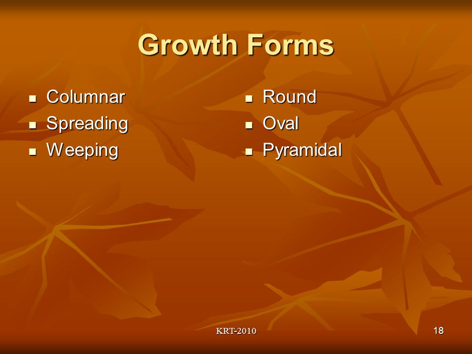 KRT Growth Forms Columnar Columnar Spreading Spreading Weeping Weeping Round Round Oval Oval Pyramidal Pyramidal