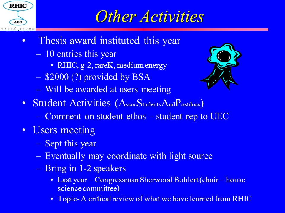 Other Activities Thesis award instituted this year –10 entries this year RHIC, g-2, rareK, medium energy –$2000 ( ) provided by BSA –Will be awarded at users meeting Student Activities (A ssoc S tudents A nd P ostdocs ) –Comment on student ethos – student rep to UEC Users meeting –Sept this year –Eventually may coordinate with light source –Bring in 1-2 speakers Last year – Congressman Sherwood Bohlert (chair – house science committee) Topic- A critical review of what we have learned from RHIC