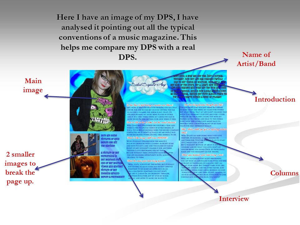 Here I have an image of my DPS, I have analysed it pointing out all the typical conventions of a music magazine.