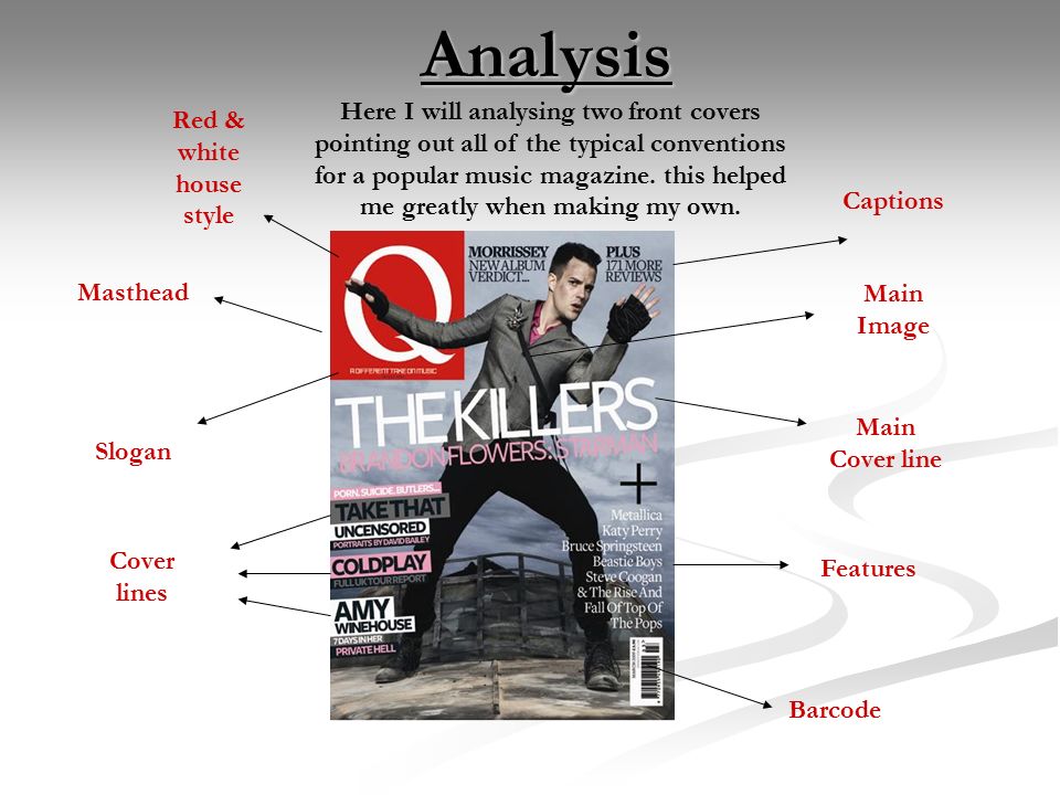 Masthead Slogan Cover lines Features Captions Main Image Main Cover line Red & white house style BarcodeAnalysis Here I will analysing two front covers pointing out all of the typical conventions for a popular music magazine.