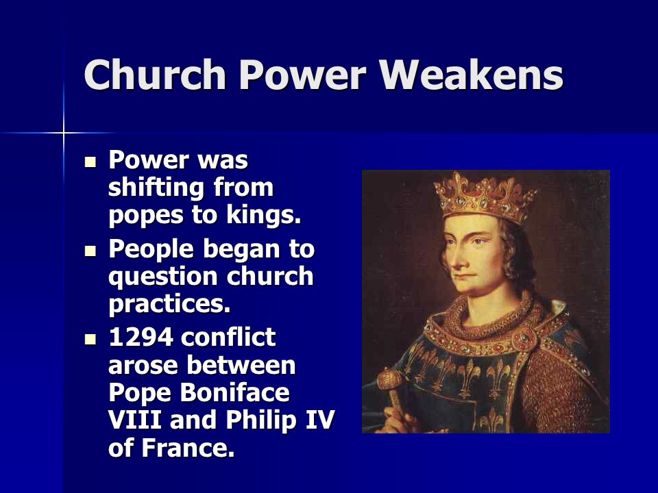 Church Power Weakens Power was shifting from popes to kings.
