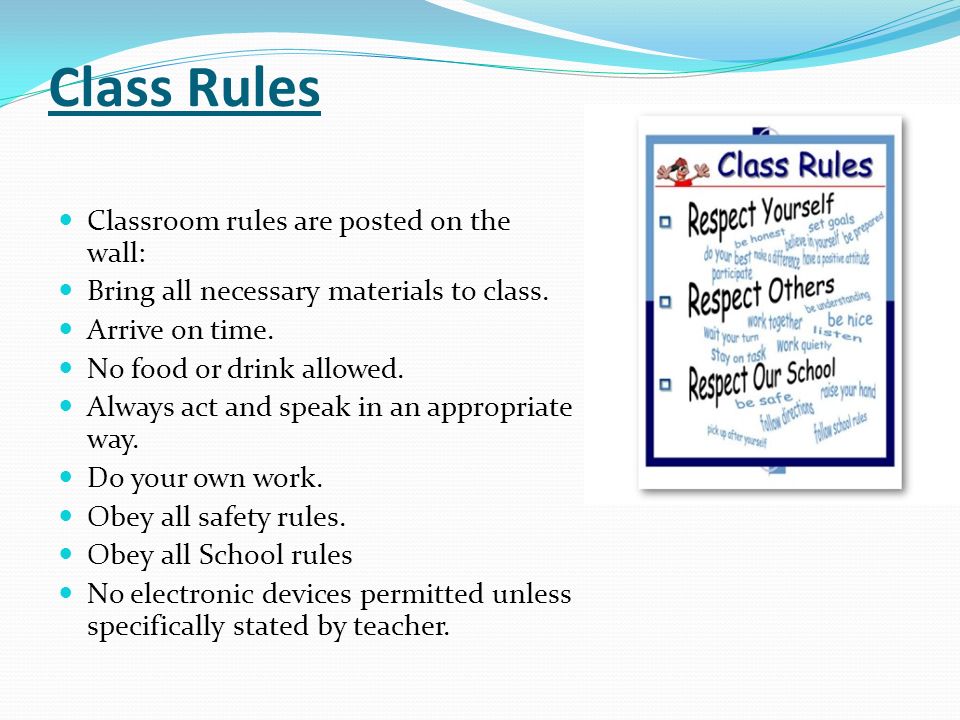 Class Rules Classroom rules are posted on the wall: Bring all necessary materials to class.