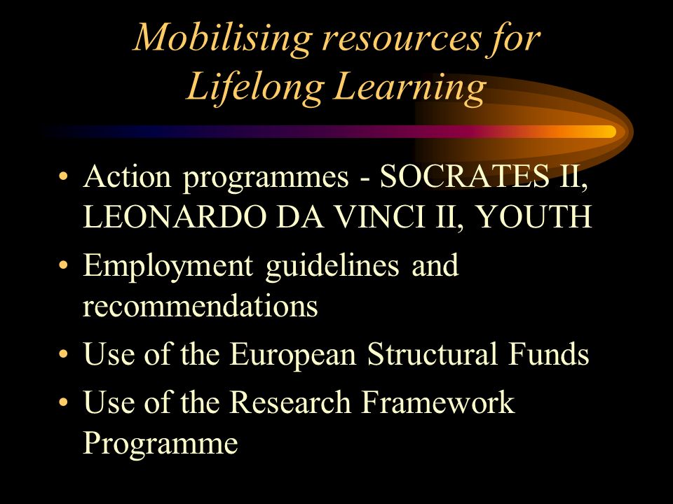 Initiatives at European Level Council report on Europe’s education systems eLearning initiative Database on Learning Opportunities European CV Action Plan for Mobility Transparency of Qualifications Action Plan to promote Entrepreneurship and Competitiveness (BEST)