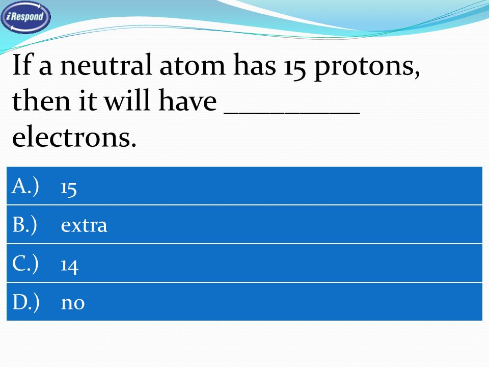 If a neutral atom has 15 protons, then it will have _________ electrons.