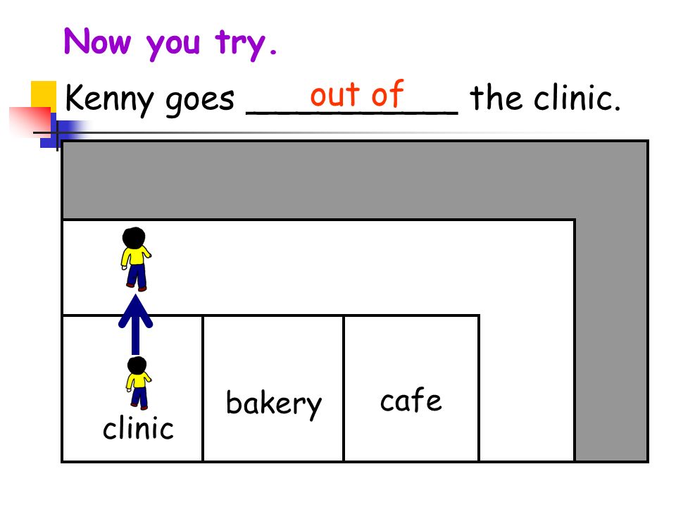 Now you try. Kenny goes __________ the clinic. clinic bakery cafe out of