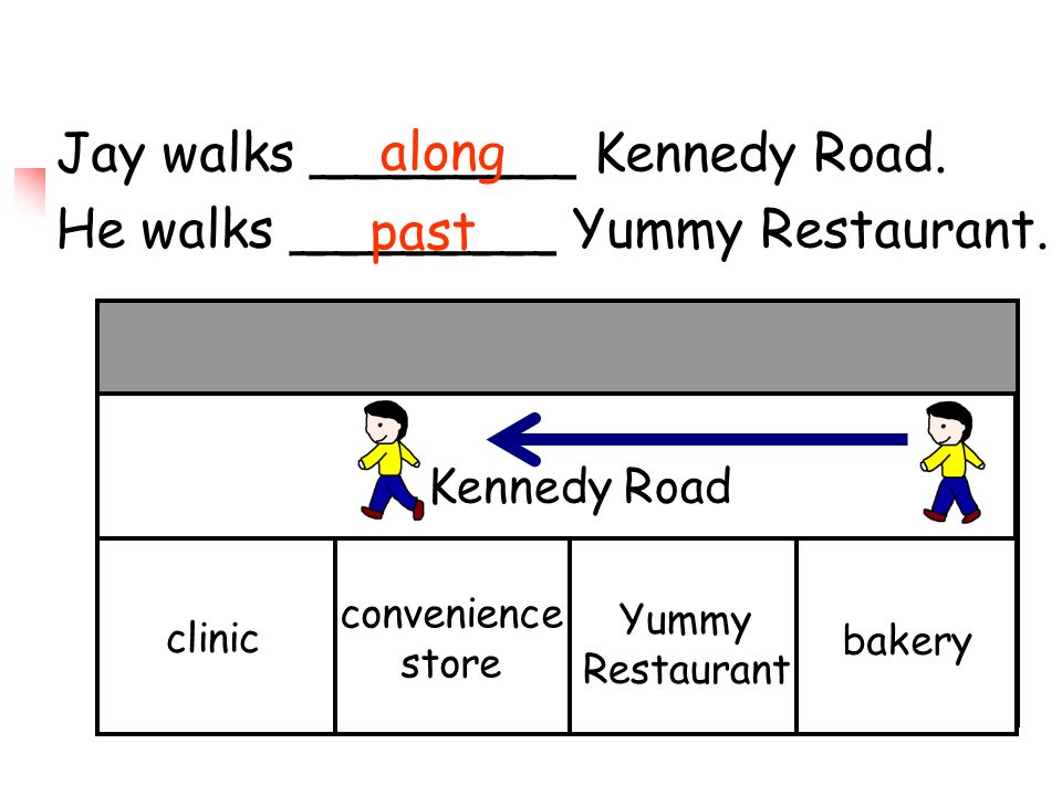Jay walks ________ Kennedy Road. He walks ________ Yummy Restaurant.