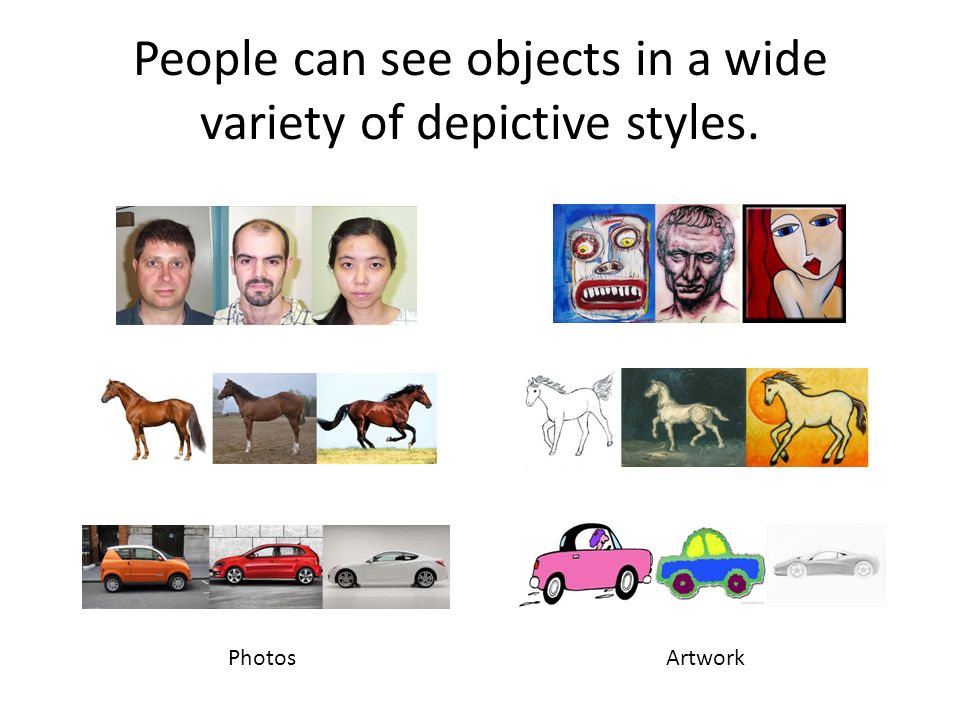 People can see objects in a wide variety of depictive styles. PhotosArtwork