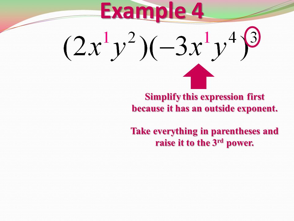 Example 4 Simplify this expression first because it has an outside exponent.