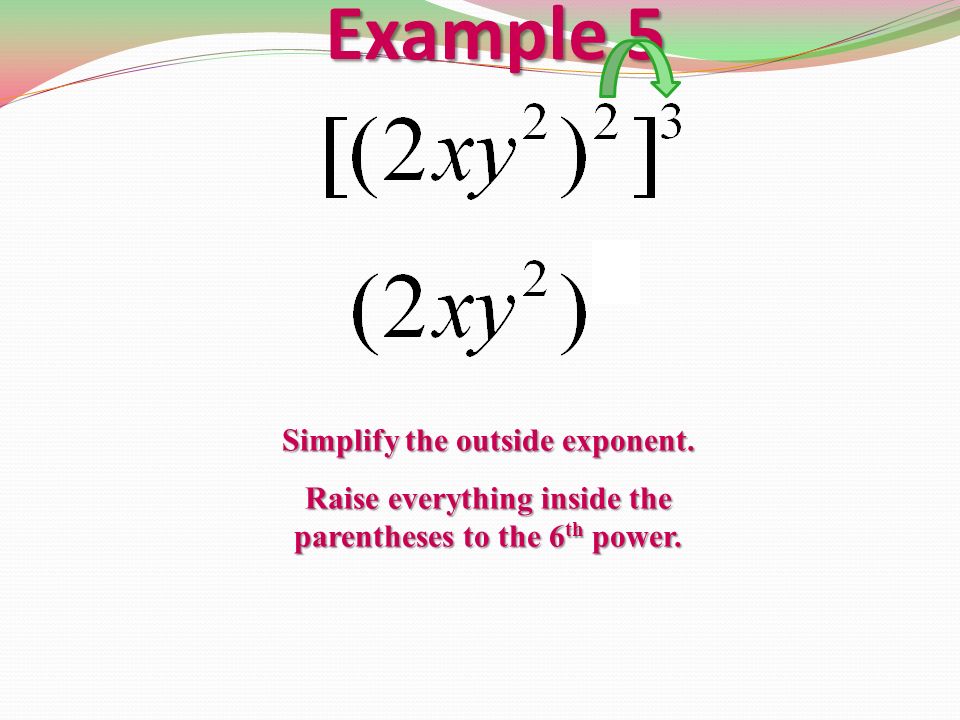 Example 5 Simplify the outside exponent. Raise everything inside the parentheses to the 6 th power.