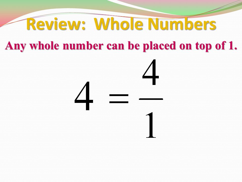 Review: Whole Numbers Any whole number can be placed on top of 1.