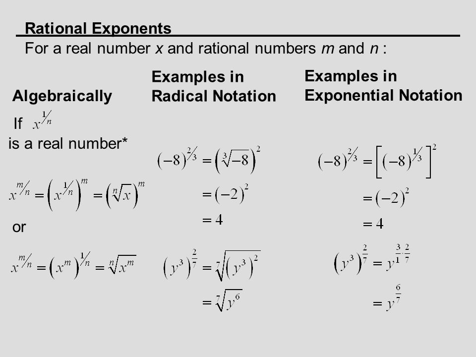 Rational Exponents For a real number x and rational numbers m and n : Algebraically Examples in Radical Notation Examples in Exponential Notation If is a real number* or