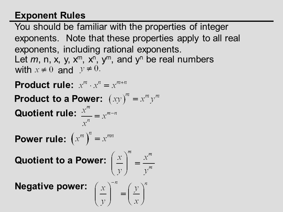 Exponent Rules You should be familiar with the properties of integer exponents.
