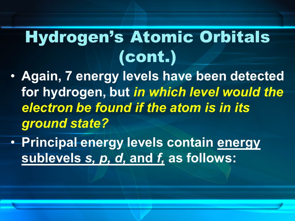 Hydrogen’s Atomic Orbitals (cont.) Again, 7 energy levels have been detected for hydrogen, but in which level would the electron be found if the atom is in its ground state.