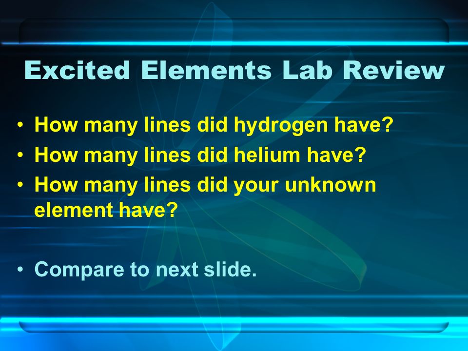 Excited Elements Lab Review How many lines did hydrogen have.