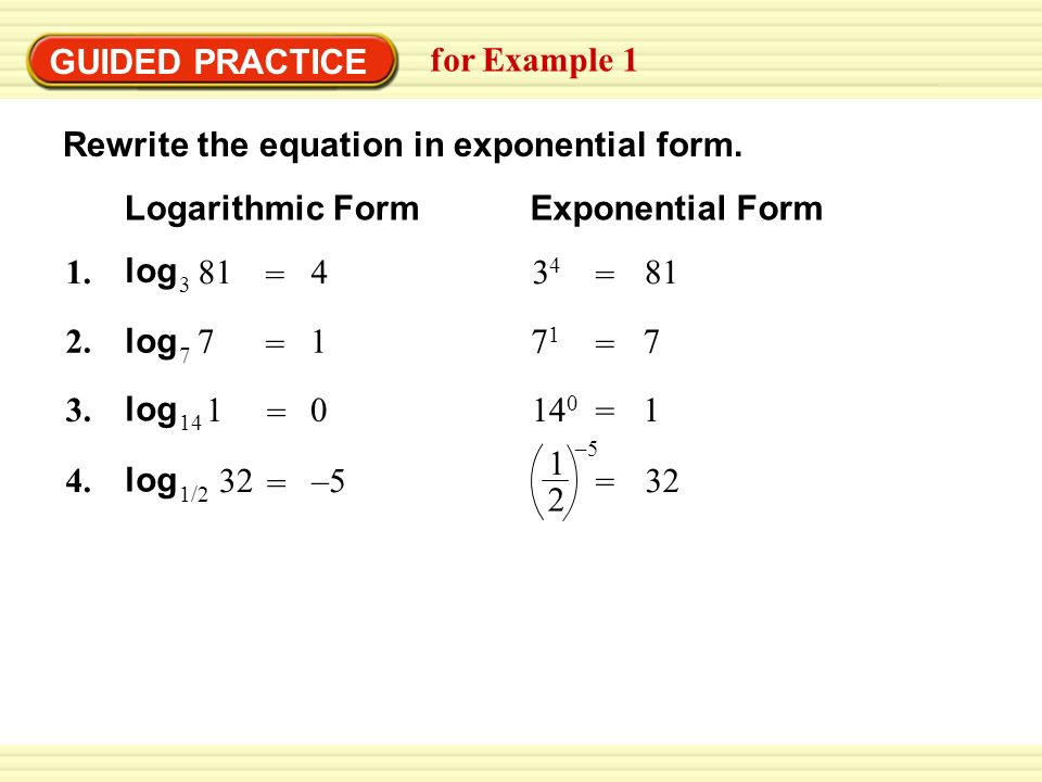 EXAMPLE 1 Rewrite logarithmic equations Logarithmic FormExponential Form  2323 = 8 a. = 2 log = 1b. 4 log 1 = 0 = c. 12 log 121 = d. 1/4 log – ppt  download