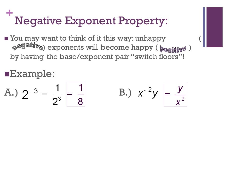 + You may want to think of it this way: unhappy ( ) exponents will become happy ( ) by having the base/exponent pair switch floors .