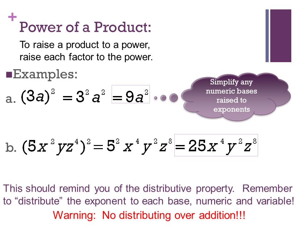 + Power of a Product: Examples: a. b.