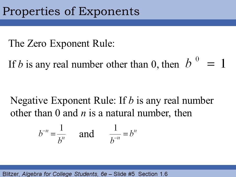 Blitzer, Algebra for College Students, 6e – Slide #5 Section 1.6 Properties of Exponents The Zero Exponent Rule: If b is any real number other than 0, then Negative Exponent Rule: If b is any real number other than 0 and n is a natural number, then and