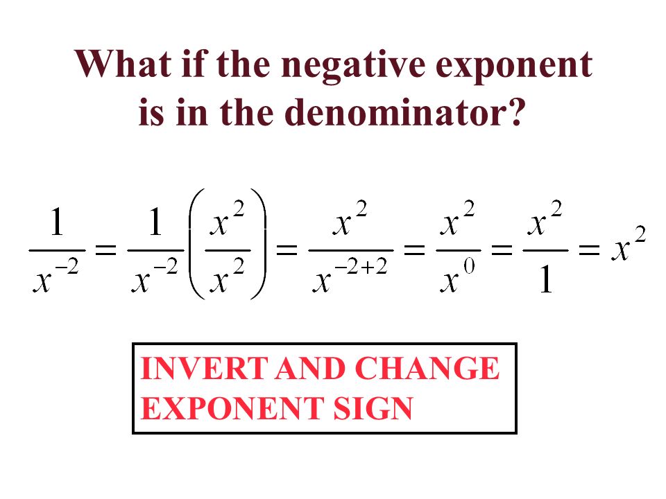 What if the negative exponent is in the denominator INVERT AND CHANGE EXPONENT SIGN