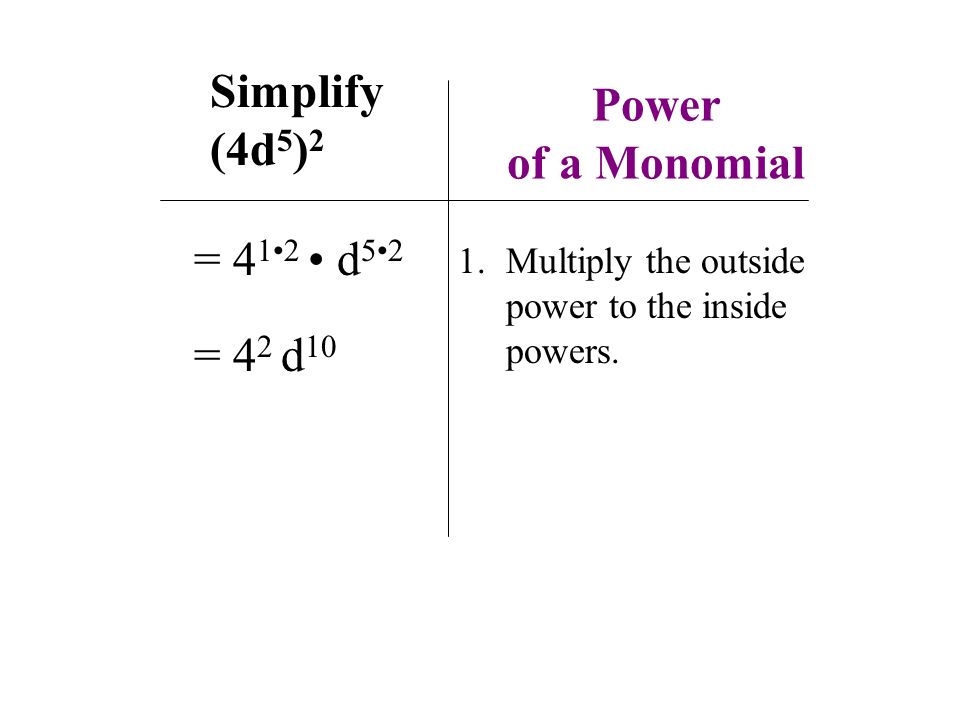 Simplify (4d 5 ) 2 = 4 12 d 52 = 4 2 d 10 1.Multiply the outside power to the inside powers.