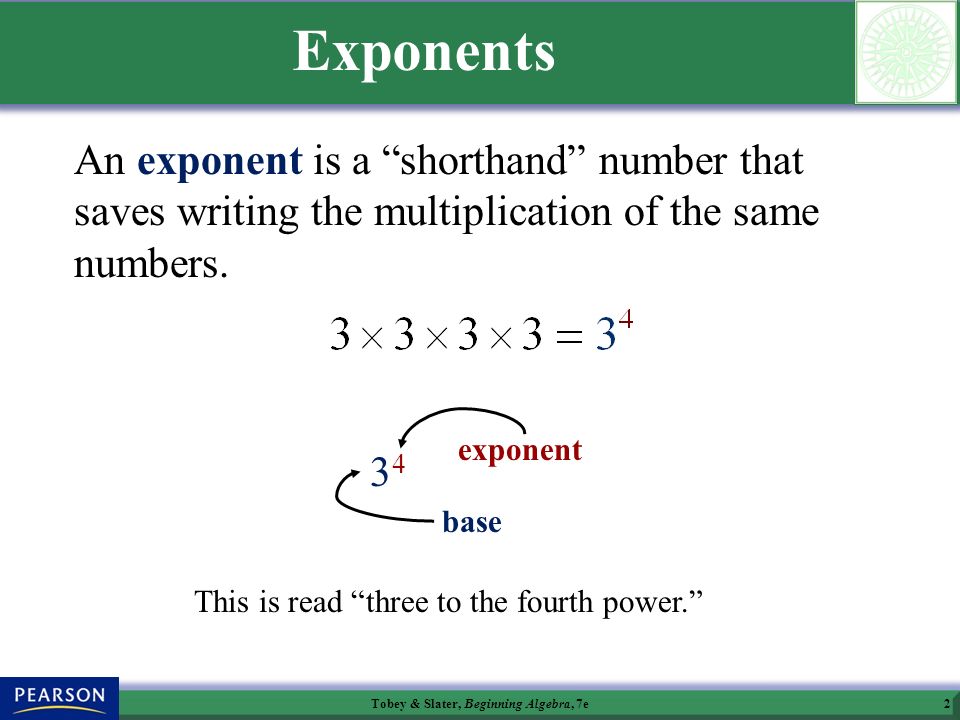Tobey & Slater, Beginning Algebra, 7e2 An exponent is a shorthand number that saves writing the multiplication of the same numbers.
