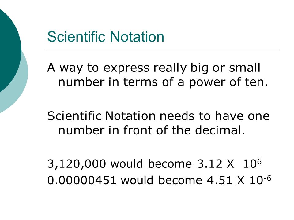 Scientific Notation A way to express really big or small number in terms of a power of ten.