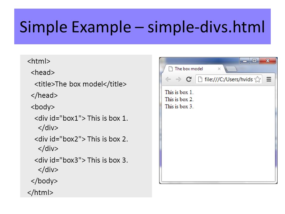 Simple Example – simple-divs.html The box model This is box 1. This is box 2. This is box 3.