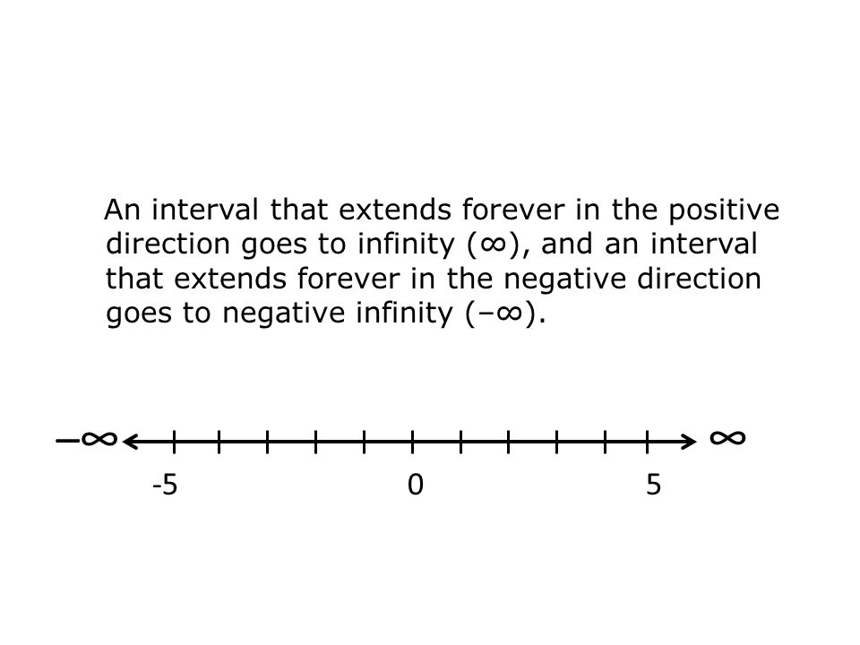 An interval that extends forever in the positive direction goes to infinity (∞), and an interval that extends forever in the negative direction goes to negative infinity (–∞).
