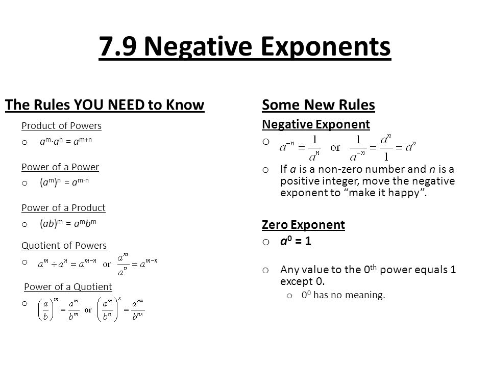 7.9 Negative Exponents The Rules YOU NEED to Know Product of Powers o a m ∙a n = a m+n Power of a Power o (a m ) n = a m∙n Power of a Product o (ab) m = a m b m Quotient of Powers o Power of a Quotient o Some New Rules Negative Exponent o o If a is a non-zero number and n is a positive integer, move the negative exponent to make it happy .
