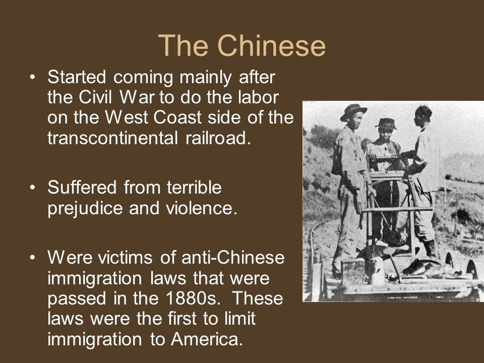 The Chinese Started coming mainly after the Civil War to do the labor on the West Coast side of the transcontinental railroad.