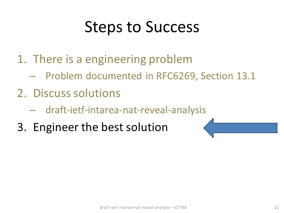 draft-ietf-intarea-nat-reveal-analysis – IETF84 Steps to Success 1.There is a engineering problem – Problem documented in RFC6269, Section Discuss solutions – draft-ietf-intarea-nat-reveal-analysis 3.Engineer the best solution 11