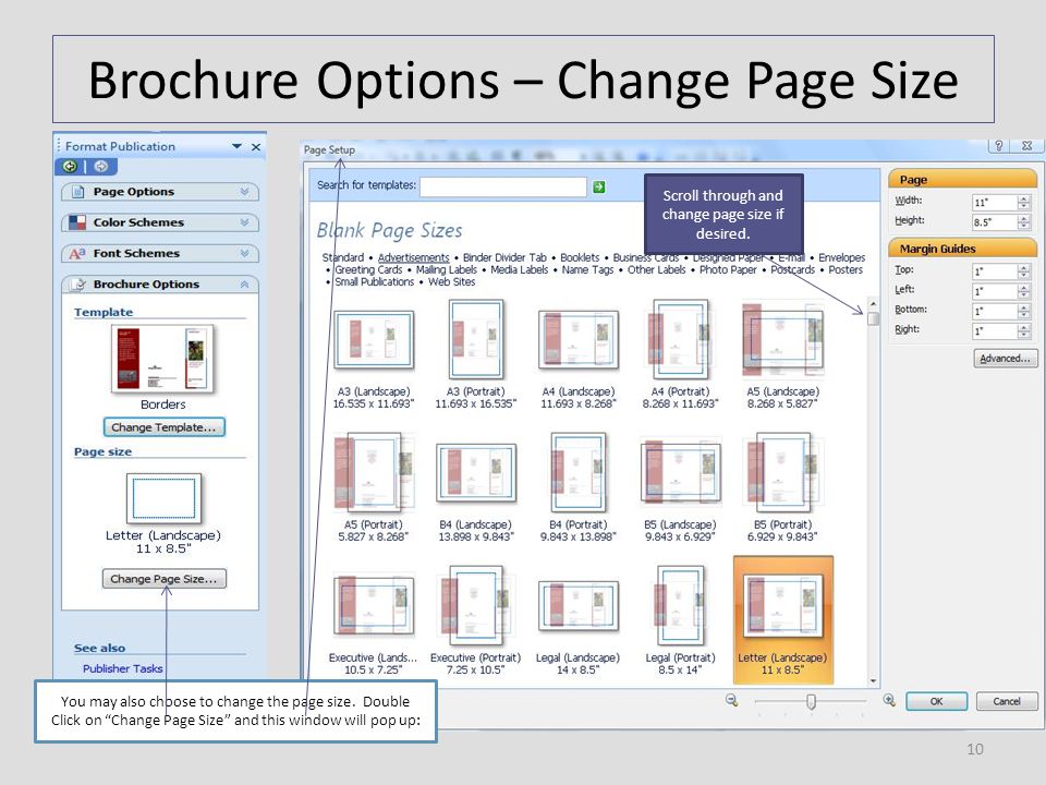 Brochure Options – Change Page Size You may also choose to change the page size.