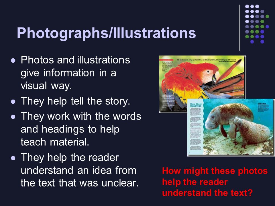 Photographs/Illustrations Photos and illustrations give information in a visual way.
