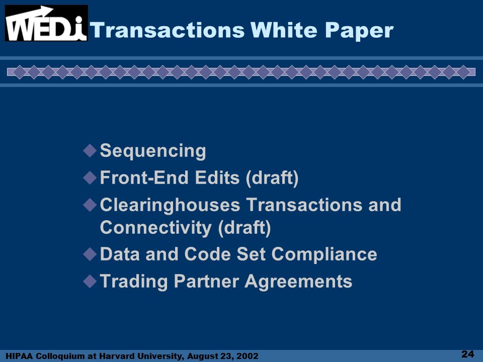 HIPAA Colloquium at Harvard University, August 23, Transactions White Paper  Sequencing  Front-End Edits (draft)  Clearinghouses Transactions and Connectivity (draft)  Data and Code Set Compliance  Trading Partner Agreements